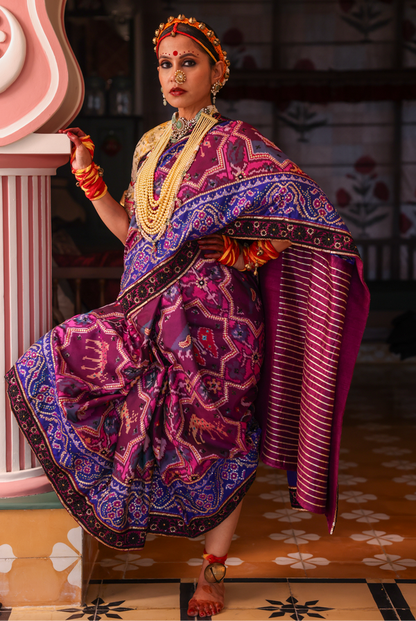 Handcrafted embroidered patola silk saree 