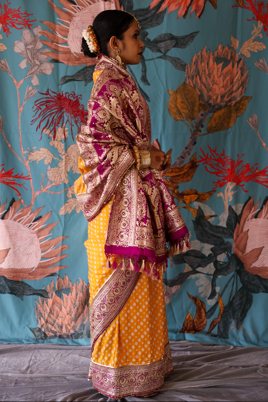 Handcrafted designer embroidered benarsi silk saree by Ayush Kejriwal