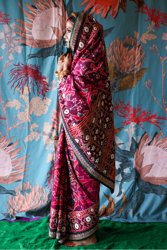 Person wearing a traditional handcrafted authentic hand embroidered patola silk saree with a colorful background