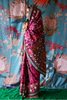 Person wearing a traditional handcrafted authentic hand embroidered patola silk saree with a colorful background