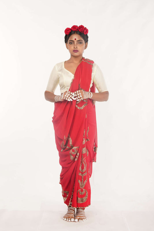 red and gold party wear saree