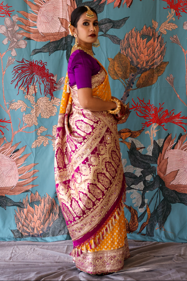 Handcrafted designer embroidered benarsi silk saree by Ayush Kejriwal