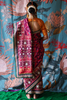 Person wearing a traditional handcrafted authentic hand embroidered patola silk saree with a colorful background