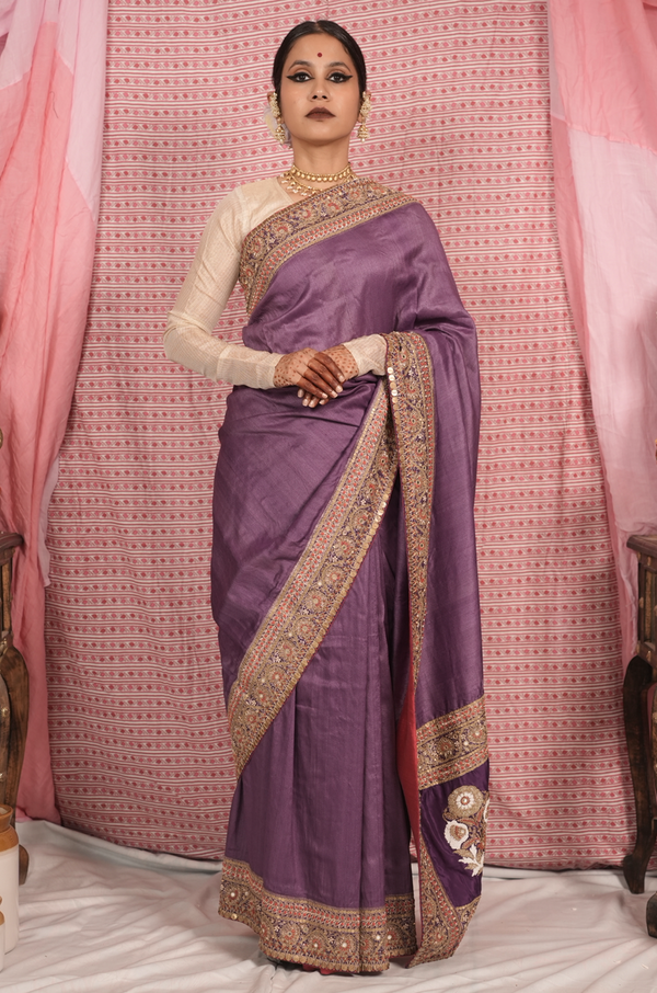 Handcrafted embroidered benarsi tussar silk saree