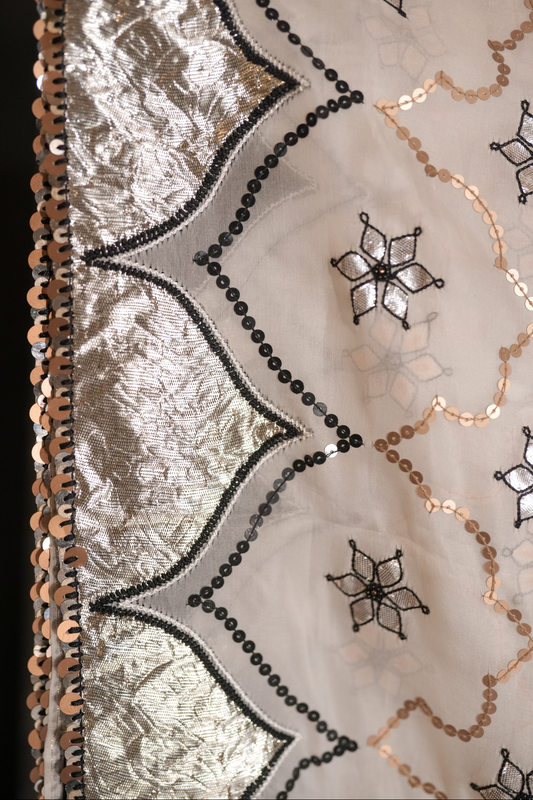 an hand embroidered organza silk sareewith intricate patterns and embellishments