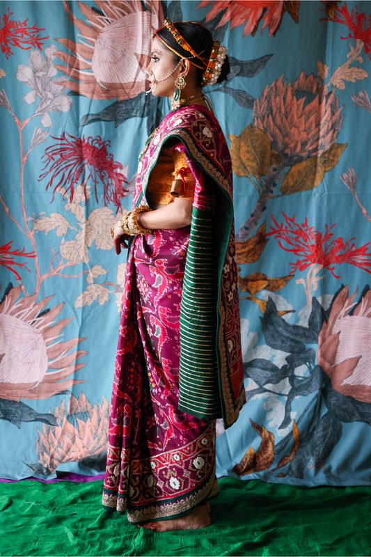 Person wearing a traditional handcrafted authentic hand embroidered patola silk saree with a colorful background