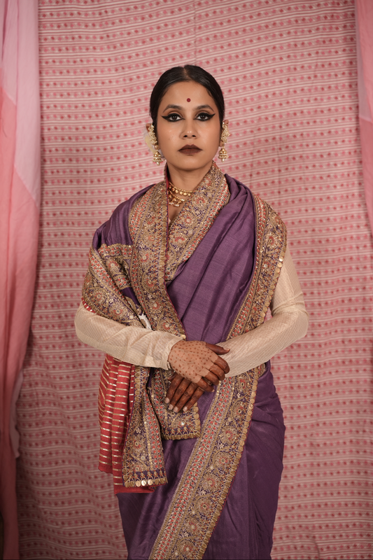 Handcrafted embroidered benarsi tussar silk saree