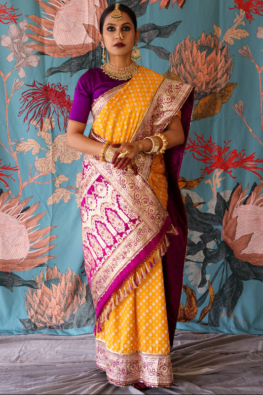 Handcrafted designer embroidered benarsi silk saree by Ayush Kejriwal
