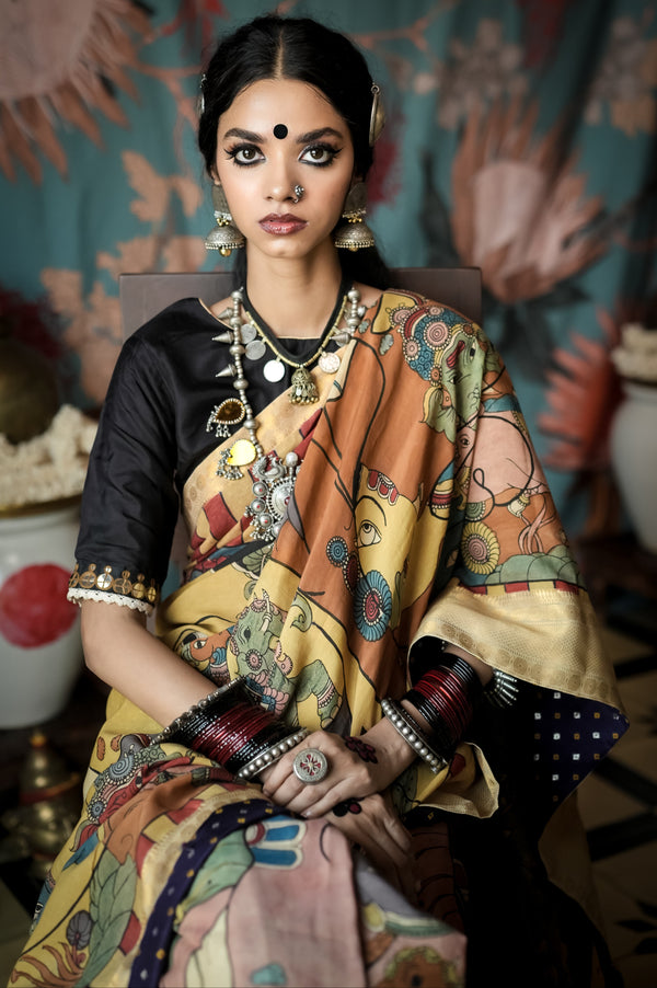 Authentic hand painted pen kalamkari silk saree