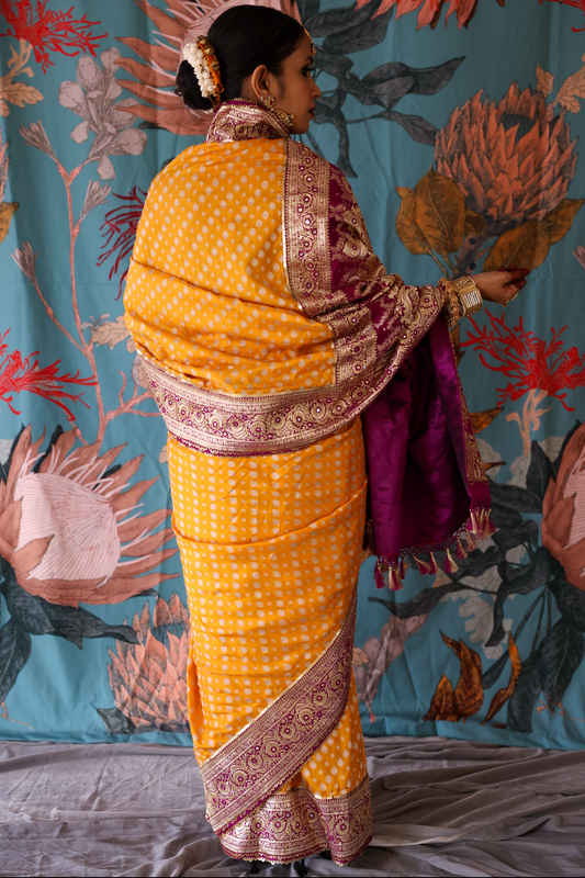 Handcrafted designer embroidered benarsi silk saree by Ayush Kejriwal