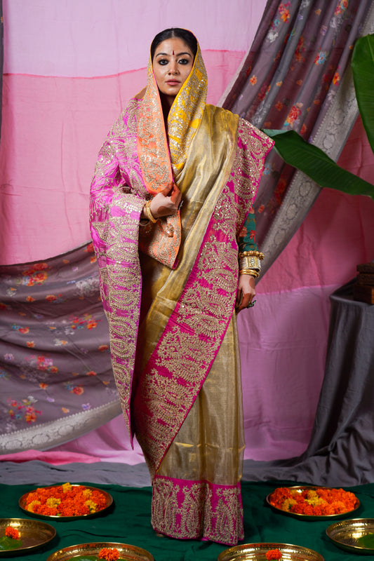 gold handwoven, hand embroidered kanjiveram silk saree