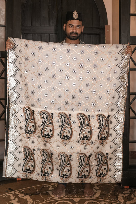 Man holding an hand embroidered organza silk saree indoors.