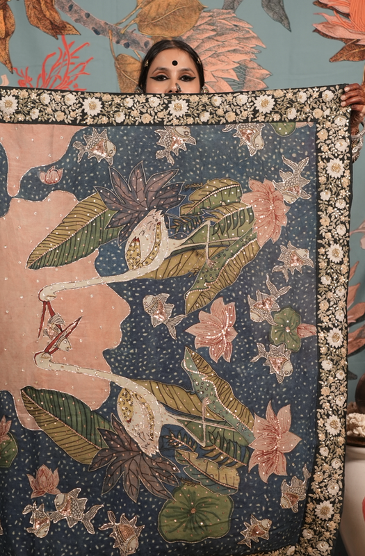 Authentic hand painted pen kalamkari silk saree