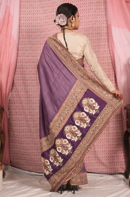 Handcrafted embroidered benarsi tussar silk saree