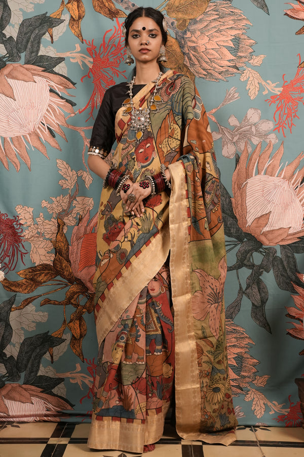 Authentic hand painted pen kalamkari silk saree