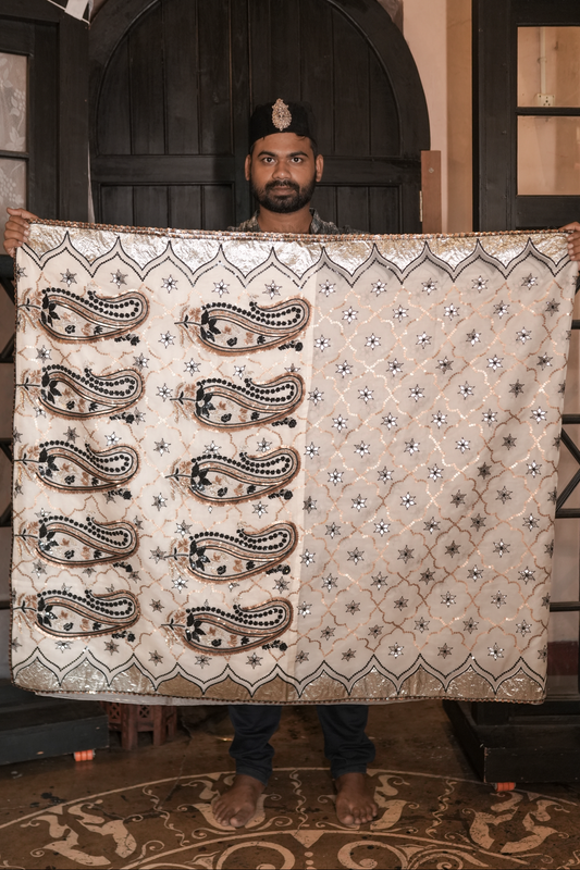 Person holding an hand embroidered organza silk saree indoors.