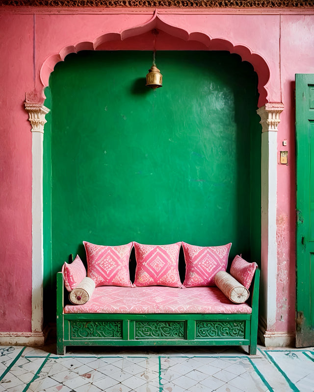 photograph by The Ayush Kejriwal Art Project of a beautiful green and pink jharokha style wall in India.
