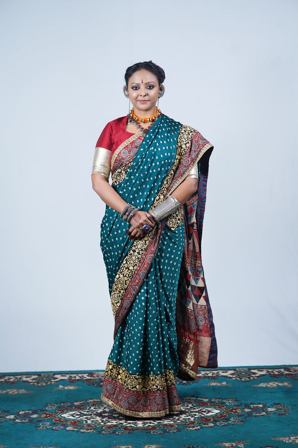handcrafted gajji silk ajrakh bandhani saree