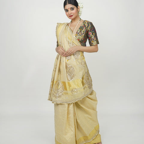 White and gold Kanjeveeram silk saree, Designer Indian wedding wear 