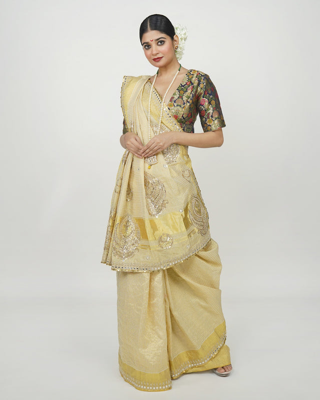 White and gold Kanjeveeram silk saree, Designer Indian wedding wear 