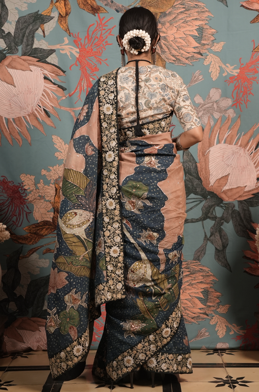 Authentic hand painted pen kalamkari silk saree