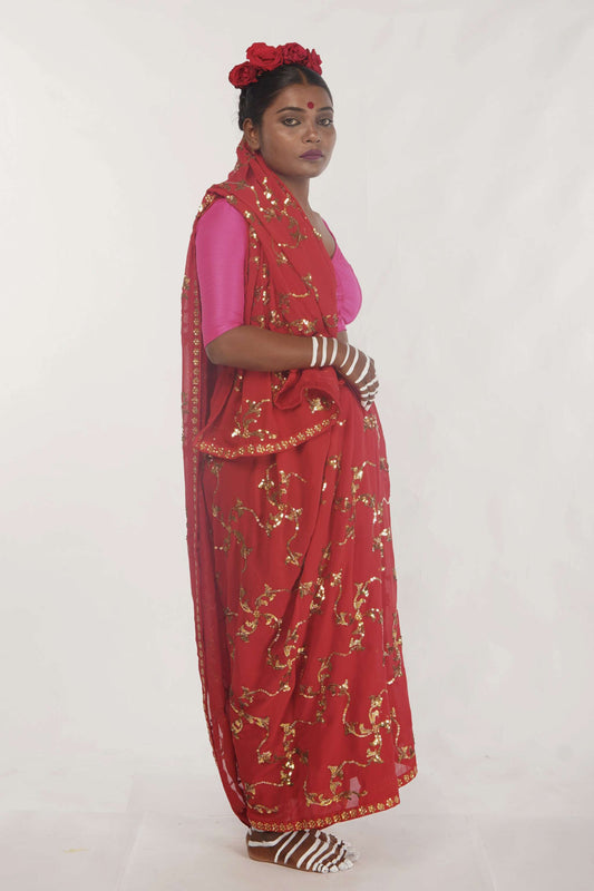 Red Hand embroidered wedding wear saree