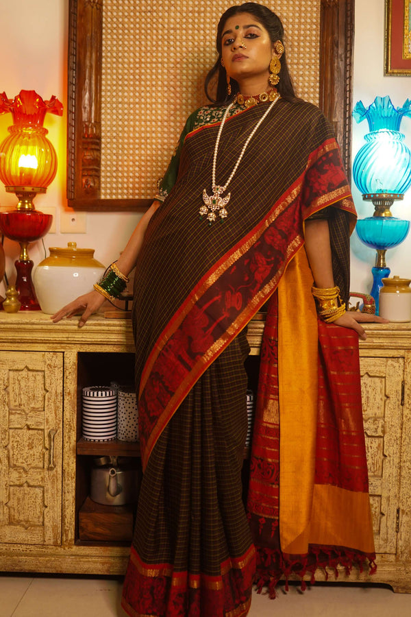 Skirt Border Khaddi Georgette Banarasi Saree in Red, Green and Black –  Bengal Looms India