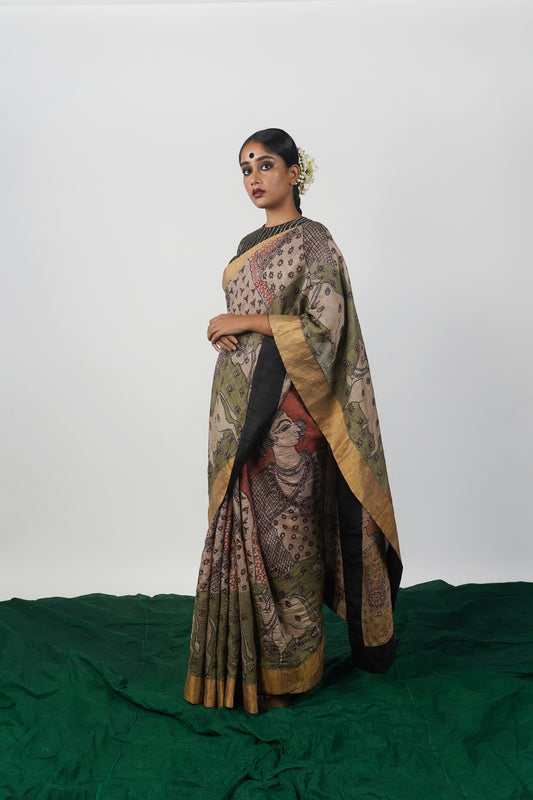 Semi tussar saree wine shade with plain body and long copper zari woven  border & kalamkari printed blouse at 115000 by Prashanti – Prashanti Sarees
