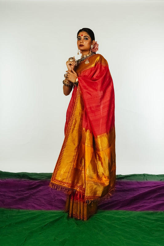  handcrafted mango yellow and red embroidered banarasi silk saree