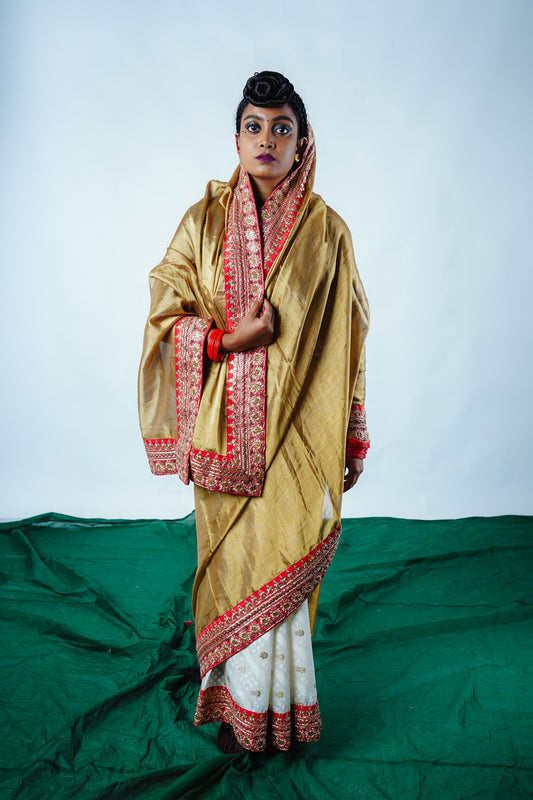 hand embroidered handwoven golden banarasi and chanderi silk saree