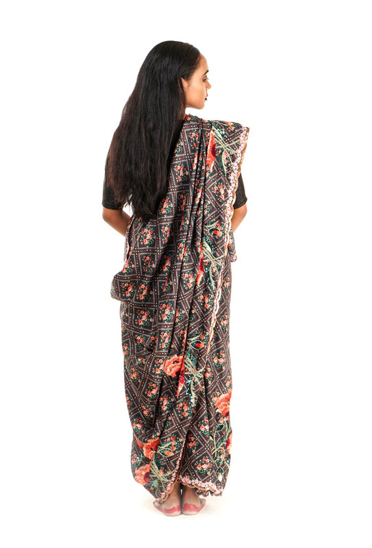 printed silk saree with a scalloped handembroidered border