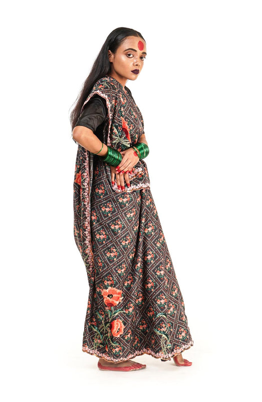 printed silk saree with a scalloped handembroidered border