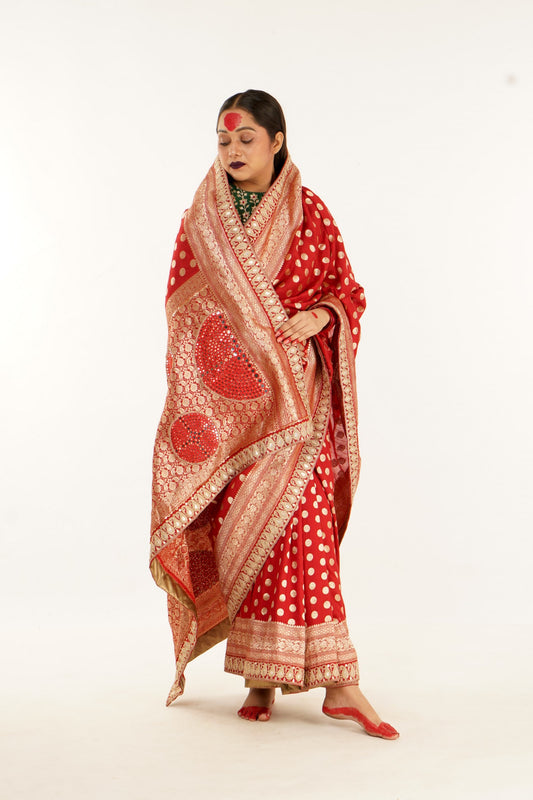 Red and gold banarasi saree