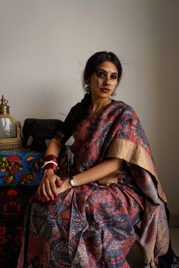 Hand Painted Pen Kalamkari Saree by Ayush Kejriwal