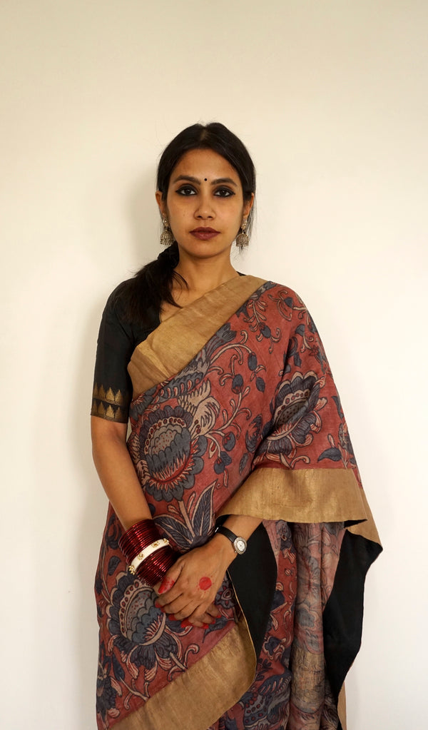 Hand Painted Pen Kalamkari Saree by Ayush Kejriwal