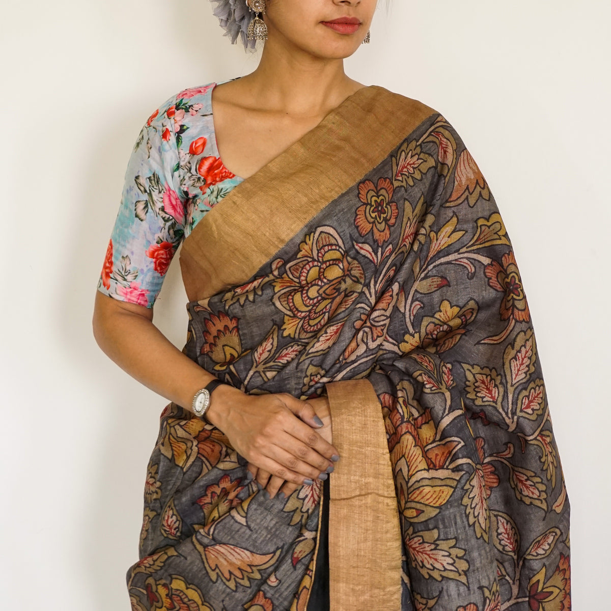 Purple Floral Motif Kalamkari Silk Saree| Peepal Clothing