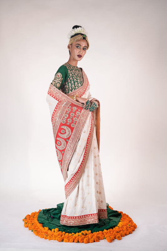 gold and red handwoven banarsi tussar silk saree