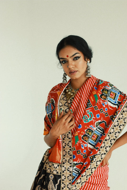 A woman showcasing a hand embroidered , handwoven patan patola silk saree designed by Ayush Kejriwal.