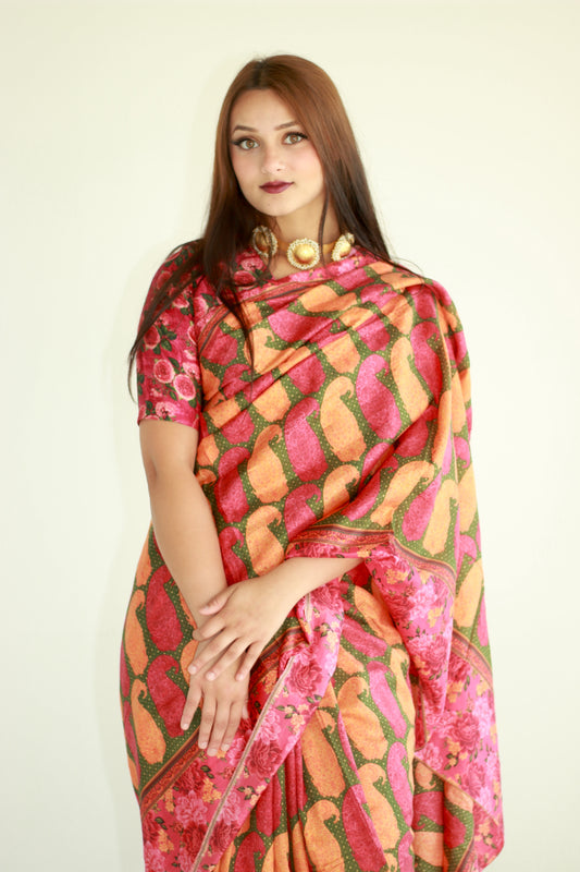 A woman wearing a printed silk saree designed by Ayush Kejriwal.