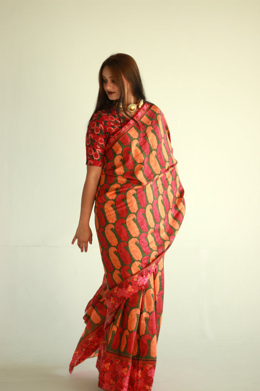 A woman wearing a printed silk saree designed by Ayush Kejriwal.
