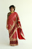 A woman wearing a red embroidered patola silk saree designed by Ayush Kejriwal.