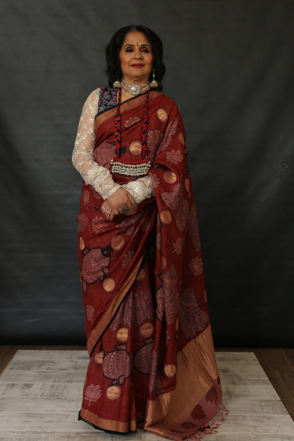 handwoven chanderi handpainted pen kalamkari silk saree