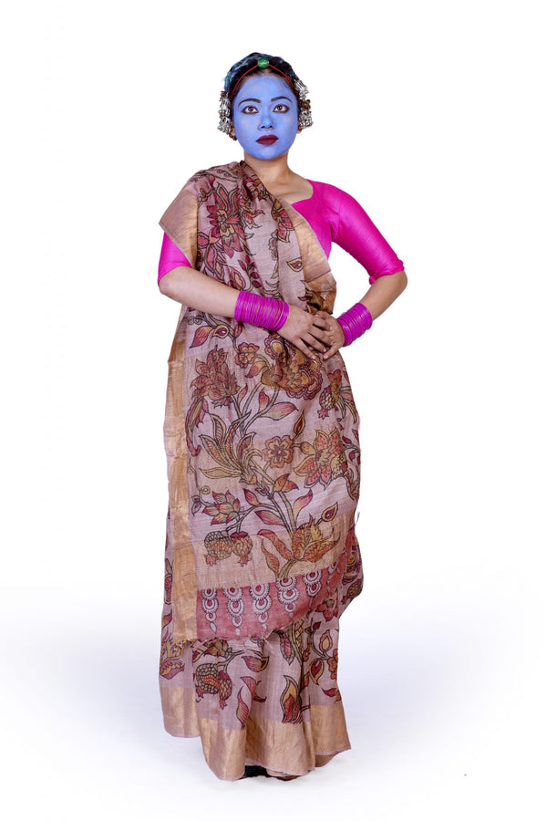 Hand painted pen kalamkari saree on a handwoven benarsi tussar silk base