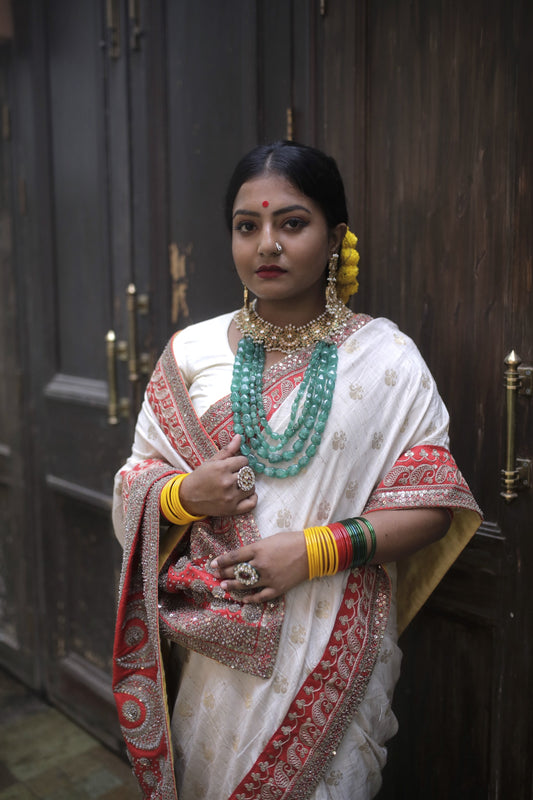 gold and red handwoven banarsi tussar silk saree