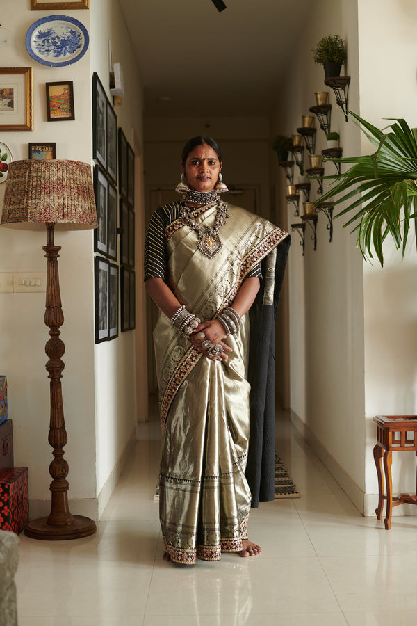 Black silver hand woven kanjiveram silk saree